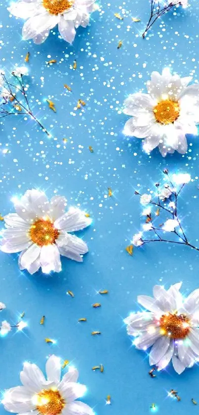 Sparkling white daisies on a blue background mobile wallpaper.