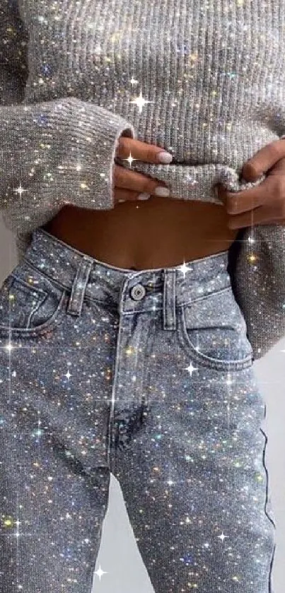 Sparkling jeans and knit sweater fashion wallpaper.