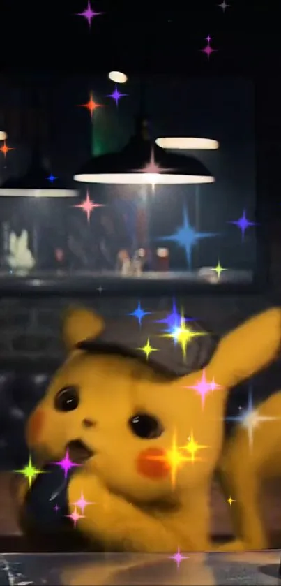 Detective Pikachu with sparkles in a cozy setting, vibrant yellow theme.