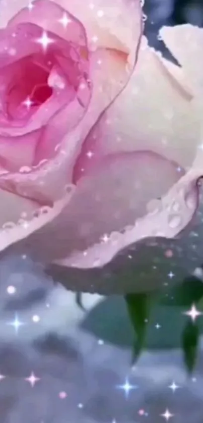 Mobile wallpaper with a sparkling dewy pink rose.