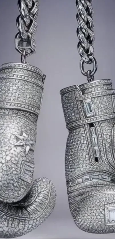 Diamond-encrusted boxing gloves hanging stylishly.
