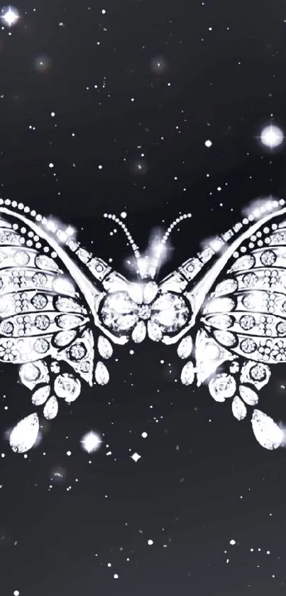 Shimmering diamond butterfly on black starry wallpaper.