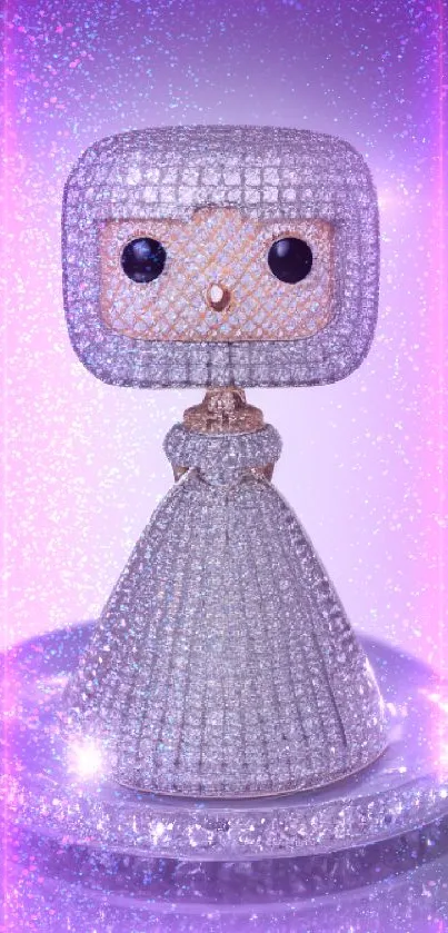 A dazzling diamond-clad doll emitting sparkle on a silver background wallpaper.