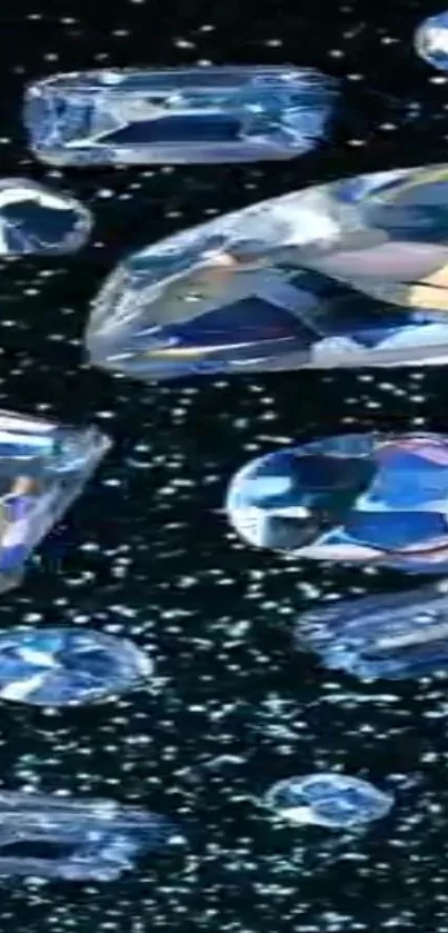 Floating blue diamonds on a starry black background.