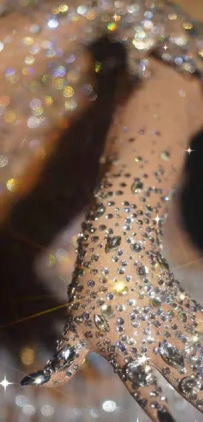 Close-up of a hand wearing a sparkling gem-studded glove.