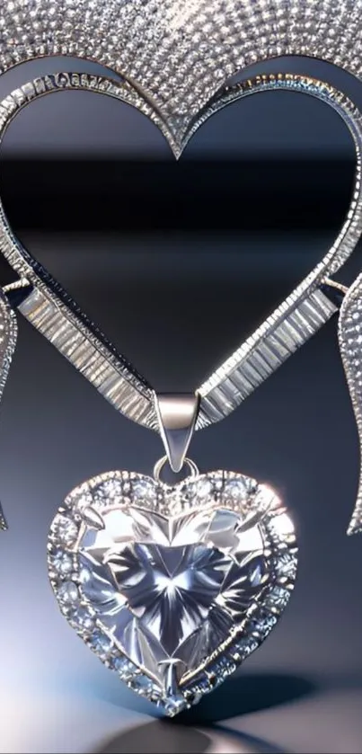 A sparkling diamond heart pendant on a mobile wallpaper.