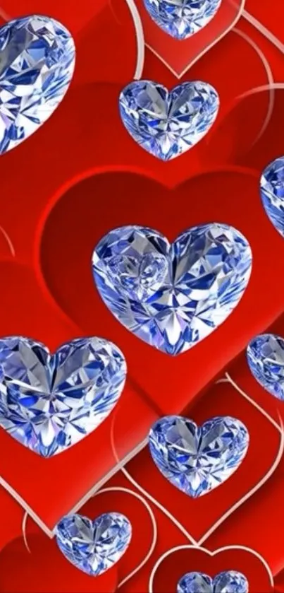 Diamonds shaped like hearts on a vibrant red background.