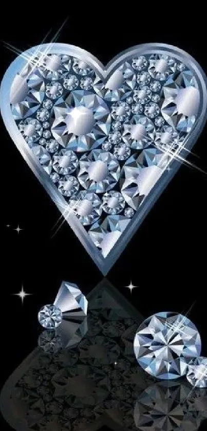 Diamond heart with sparkling gems on a black background wallpaper.