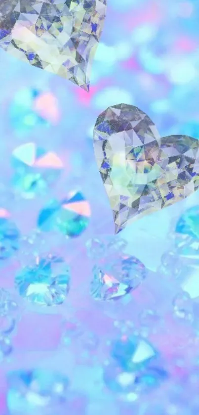 Mobile wallpaper with diamond hearts and a blue bokeh background.