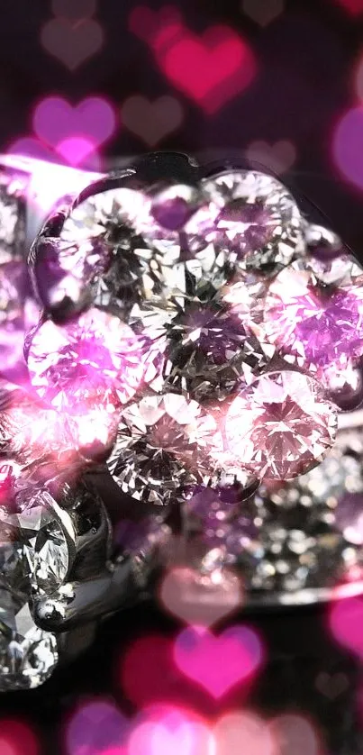 A sparkling diamond ring with glowing heart shapes in the background.