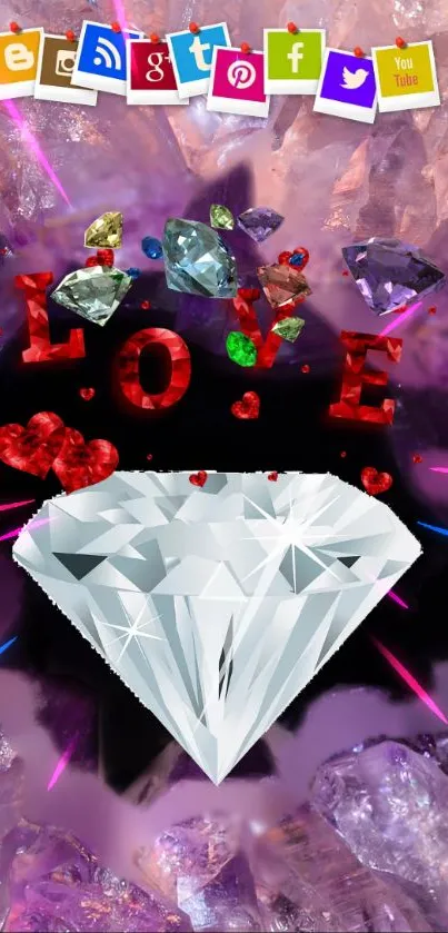 Mobile wallpaper with diamond and love theme in purple and multicolor gems.