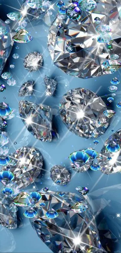 Mobile wallpaper with sparkling diamonds on a blue background.