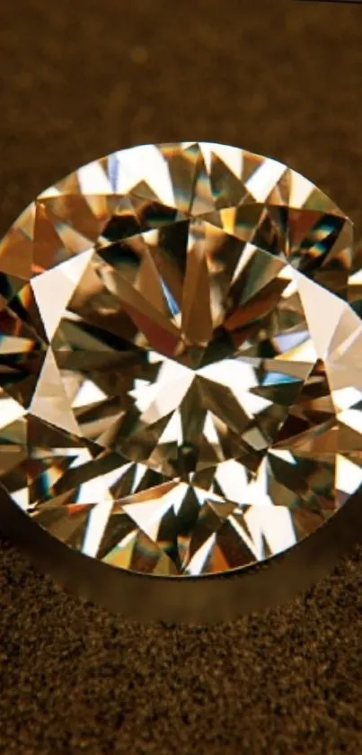 A sparkling diamond displayed on a textured brown surface, showcasing its brilliance.