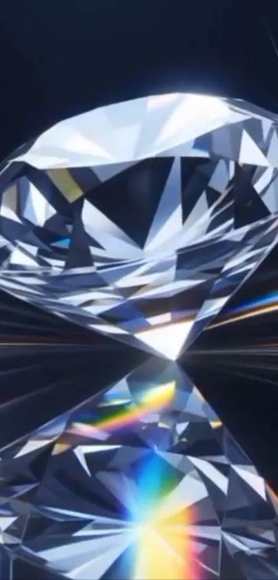 Sparkling diamond with stunning reflection on dark background.