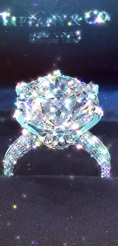 Dazzling diamond ring on black background with sparkling effects.