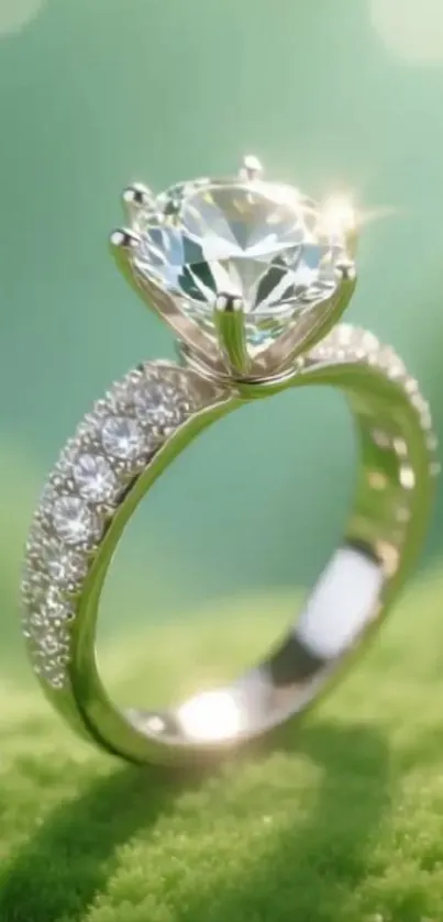 Close-up of a sparkling diamond ring on green background.