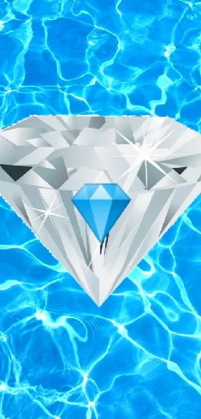 A diamond floating on sparkling blue water surface, creating a serene mobile wallpaper.