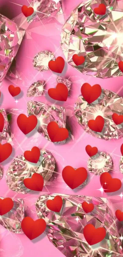 Diamonds and hearts on pink wallpaper background.