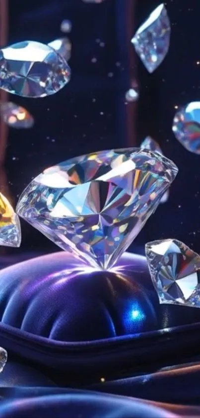 Diamonds sparkling on blue velvet background