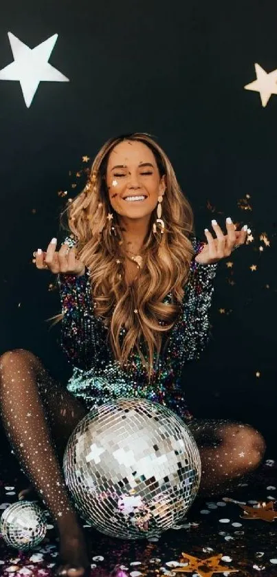 Disco-themed wallpaper with glitter and stars, featuring a smiling person.