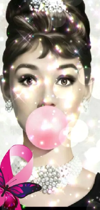 Elegant retro woman with sparkling effects and pink bubblegum in stylish wallpaper.