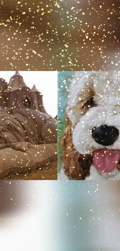 Wallpaper of a dog and sandcastle with gold sparkles.