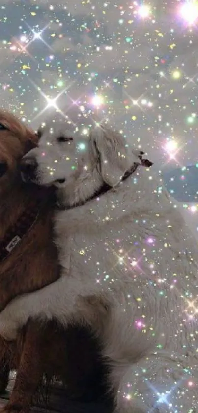 Two dogs hugging under sparkling stars.