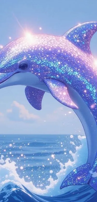 A sparkling dolphin leaps through ocean waves with magical sparkles in a fantasy scene.
