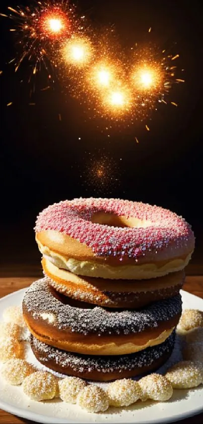 A stack of donuts with sparkles above on a dark background.