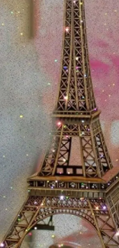 Sparkling Eiffel Tower with pink and gold hues.