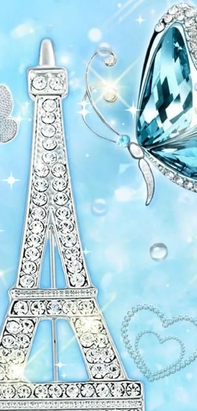 Eiffel Tower with butterflies and jewels on a sky blue background.