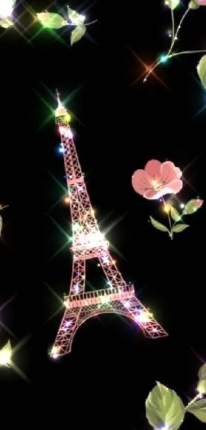 Eiffel Tower with floral designs on a dark background.