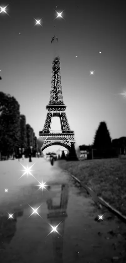 Eiffel Tower glowing with stars at night.