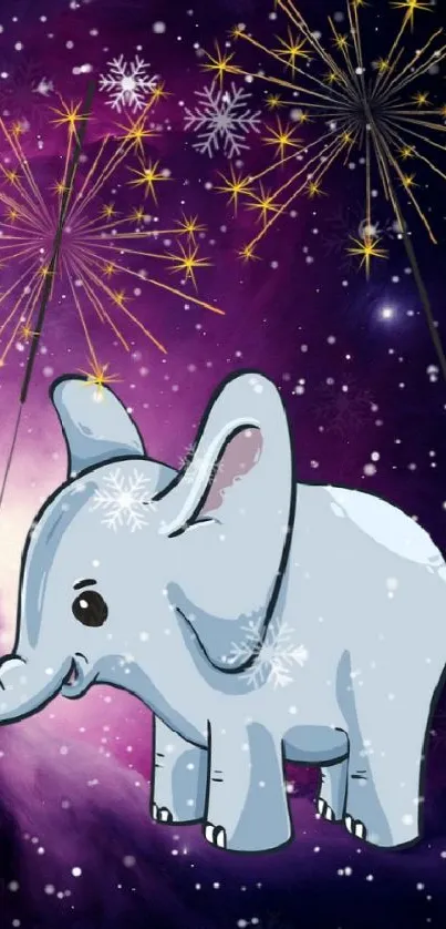 Whimsical cartoon elephant with fireworks in a galaxy background.