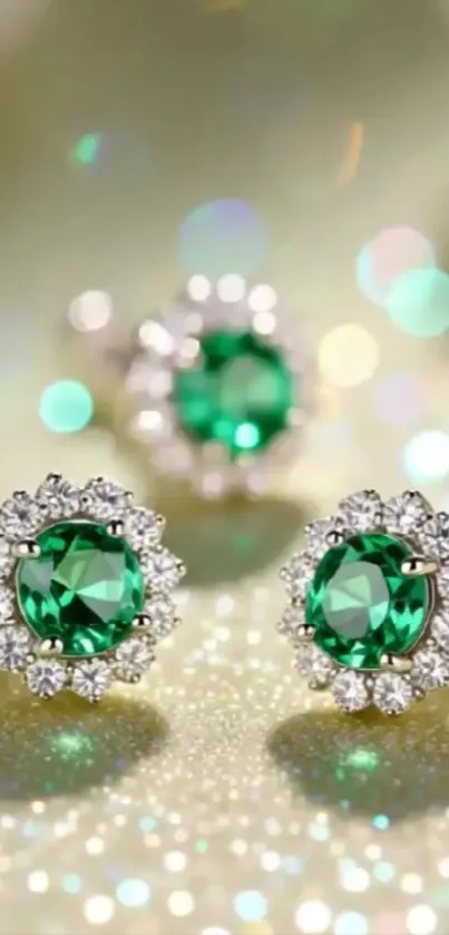 Elegant sparkling emerald earrings on a shimmering gold background.