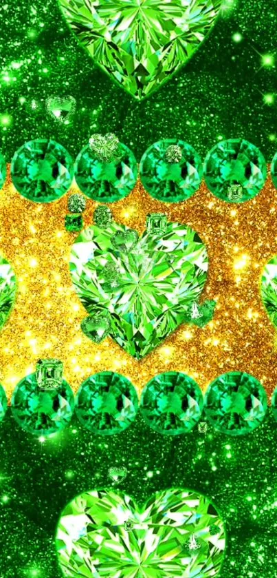 Emerald green heart wallpaper with sparkles and gold accents.