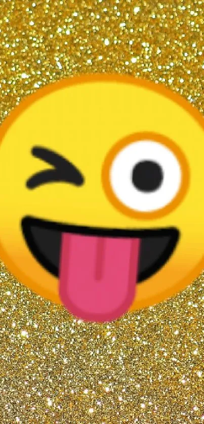 Winking emoji with tongue on glittery gold background.