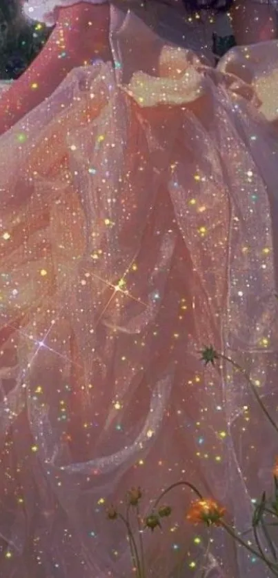 Sparkling dress with glowing flowers in a fantasy setting.