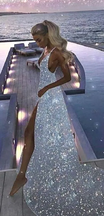 Elegant woman in a sparkling dress by a moonlit pool.