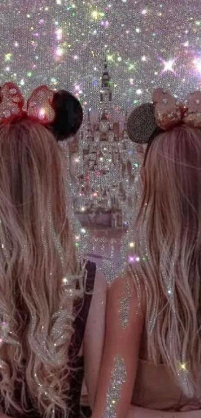 Two figures with mouse ears admire a sparkling fantasy castle.