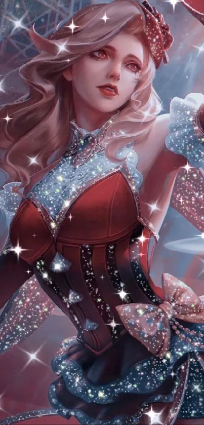 Glamorous fantasy character in a sparkling red outfit, perfect for mobile wallpaper.