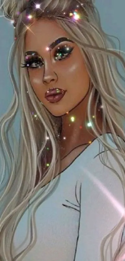 Sparkling fantasy girl illustration with light blue background.