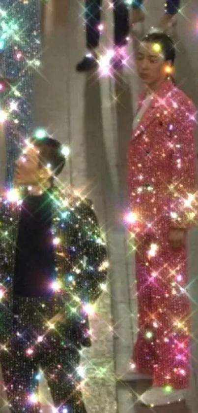 Dazzling fashion with glittery suits and colorful sparkles.