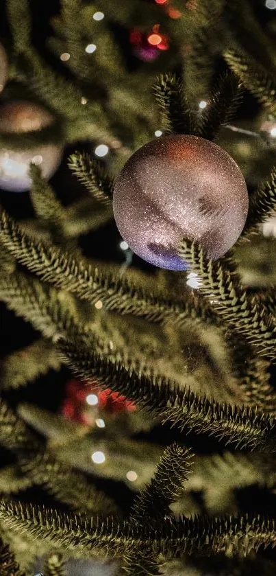 Close-up of Christmas tree with ornaments and lights.