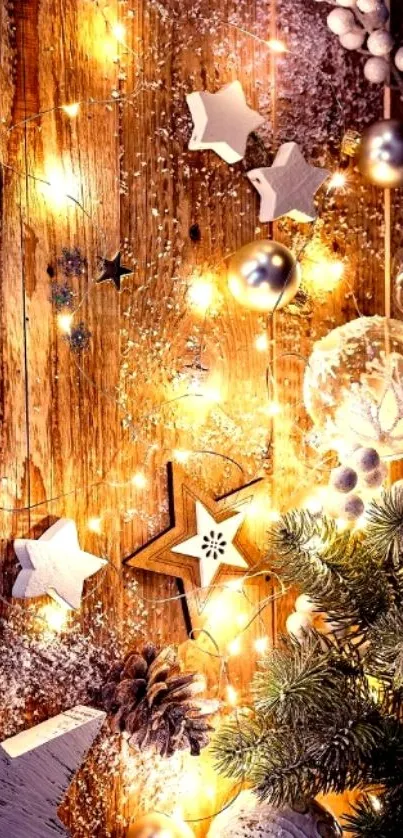 Festive holiday wallpaper with glowing lights and wooden stars.