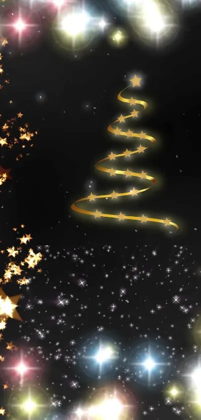 Mobile wallpaper featuring a golden spiral tree with stars on a black background.