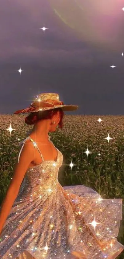 Woman in sparkling dress at sunset field scene.