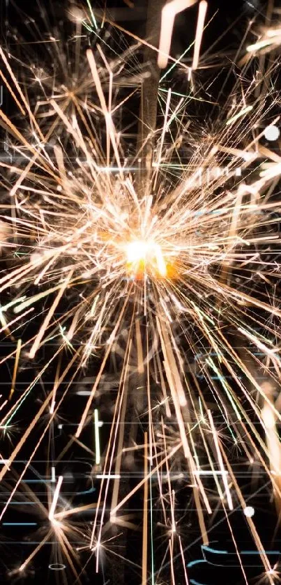 Dynamic fireworks sparkle against a black background.