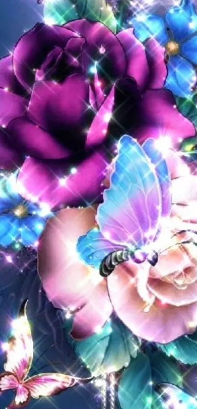 Vibrant purple floral wallpaper with butterflies and sparkles.