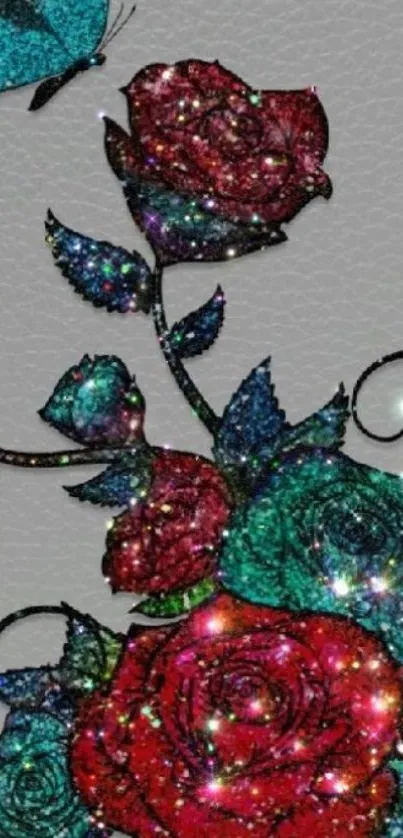 Sparkling red roses with butterfly on textured background.